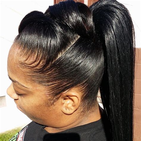 ponytail hairstyles with bangs for black hair|relaxed hair bangs with ponytail.